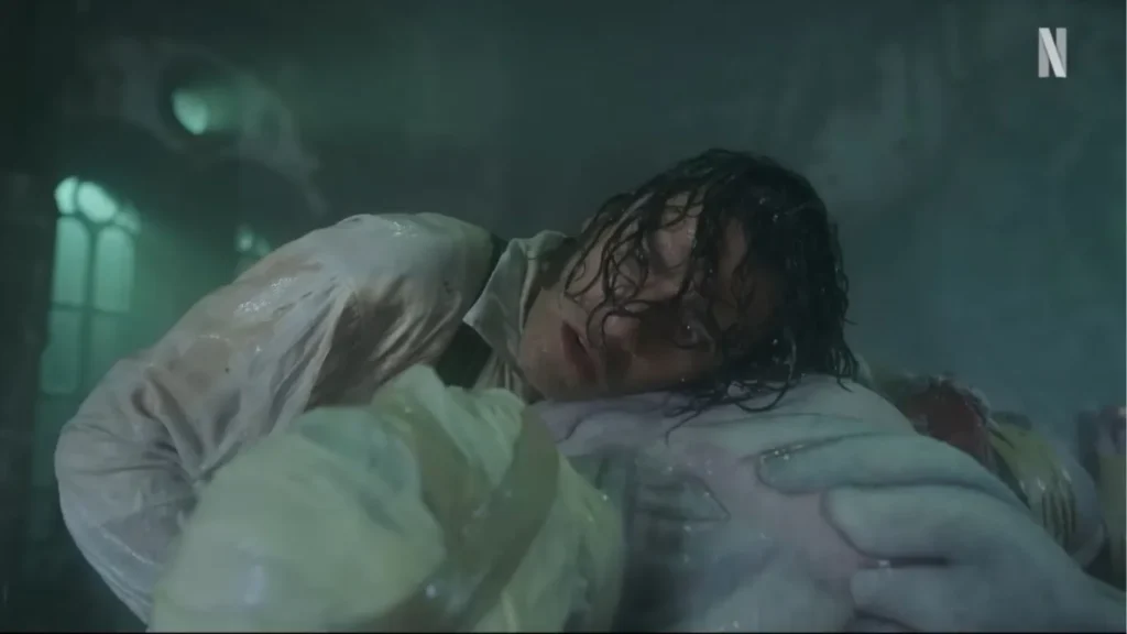 The Creature walking alone in the icy wilderness, symbolizing loneliness and redemption.